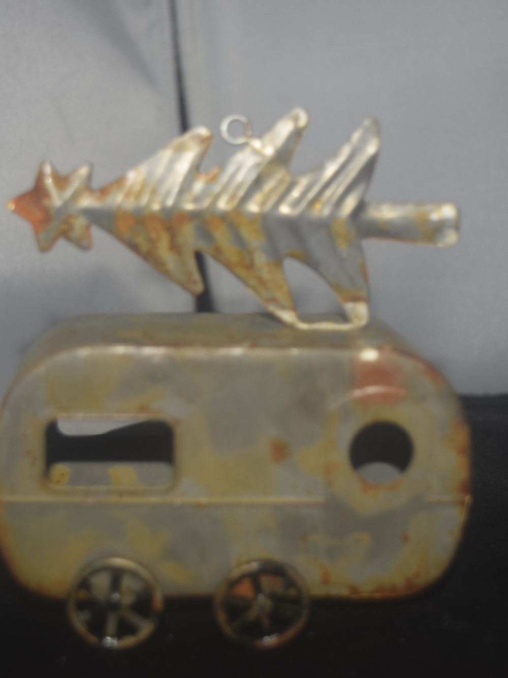 Rustic Metal Camper Ornament with Christmas Tree Accent - Gold-Tone